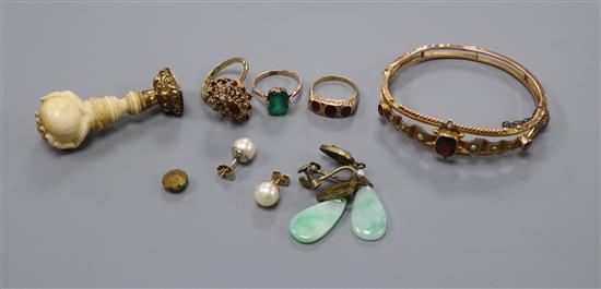 A Victorian 9ct and gem set bangle a.f., an ivory mounted seal, two gem set rings, 18ct gem set and other minor jewellery